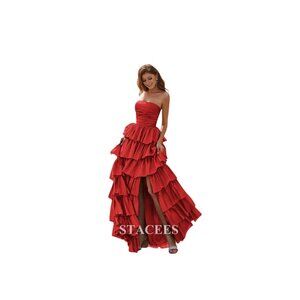 Red Strapless Tiered Ruffle Formal Evening Gown Dress Womens Size S Stacees Sati